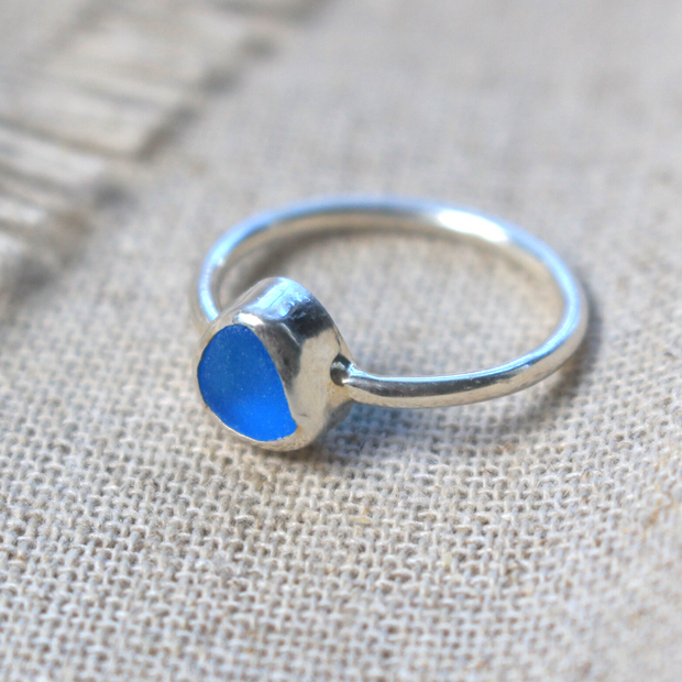 Rare Sea Glass Ring Sterling Silver Aqua Blue