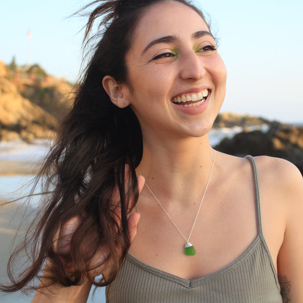 Sea Glass Necklace: Green Sterling Silver