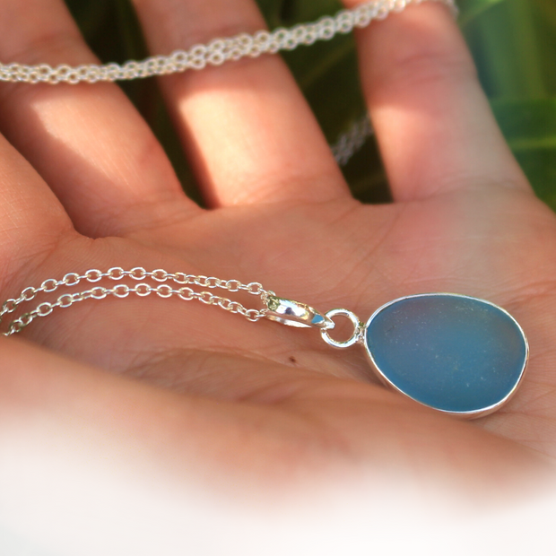 Sea Glass Necklace: Aqua Blue Sterling Silver